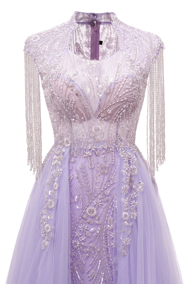 Lilac Long sleeves Overskirt A-line Evening Dresses-Ballbella