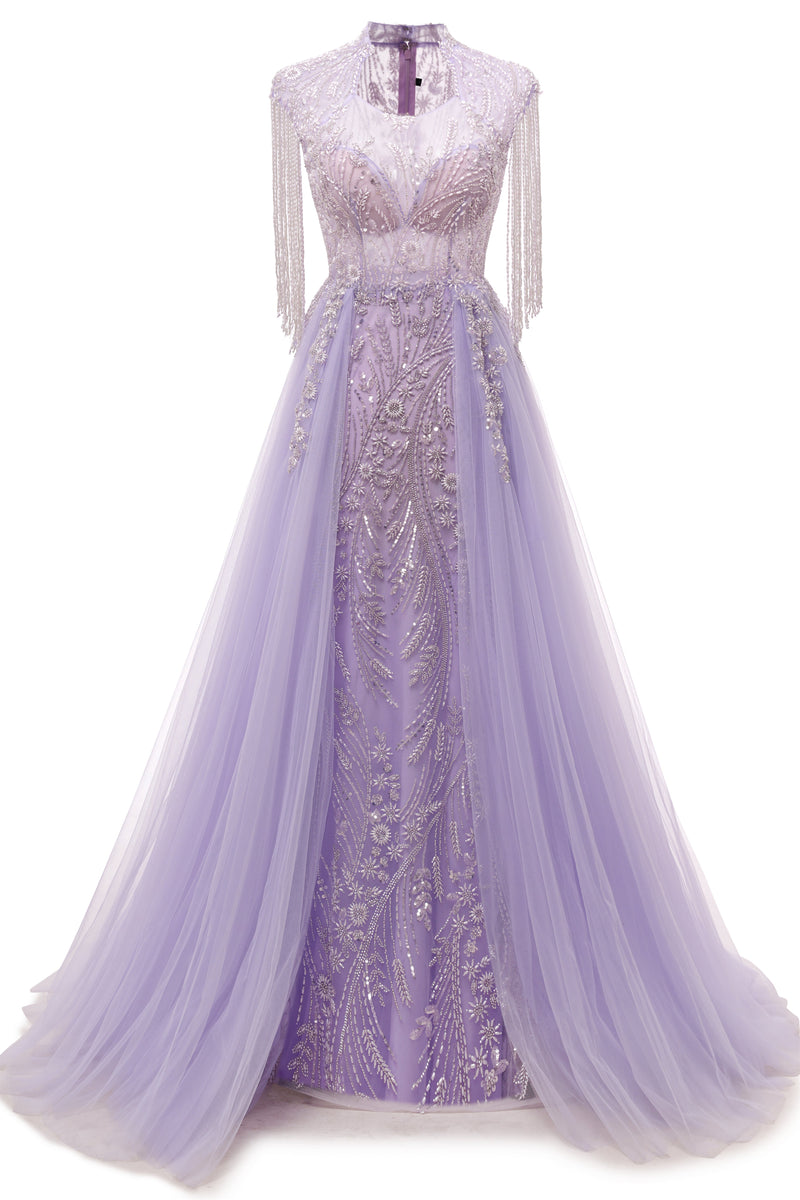 Lilac Long sleeves Overskirt A-line Evening Dresses-Ballbella