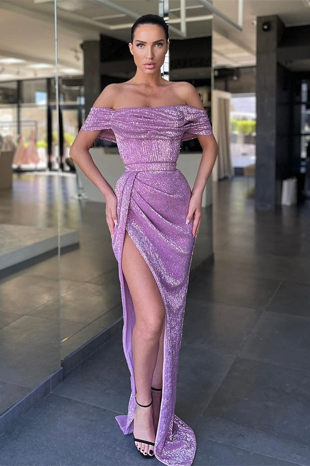 Lilac Off-the-Shoulder Sequins Prom Dress Long With Slit-Ballbella