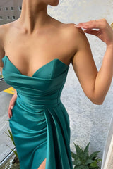 Long Dark Green Mermaid Sleeveless Prom Dresses Long Slit Online-Ballbella