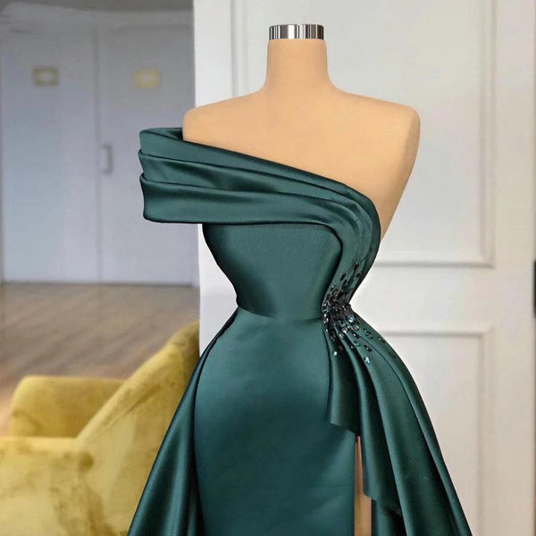 Long Dark Green Satin Prom Dresses Elegant Split Evening Gowns-Ballbella