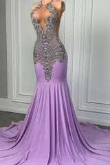 Long Lilac Sleeveless Halter Mermaid Prom Dress With Beadings-Ballbella