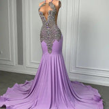 Long Lilac Sleeveless Halter Mermaid Prom Dress With Beadings-Ballbella