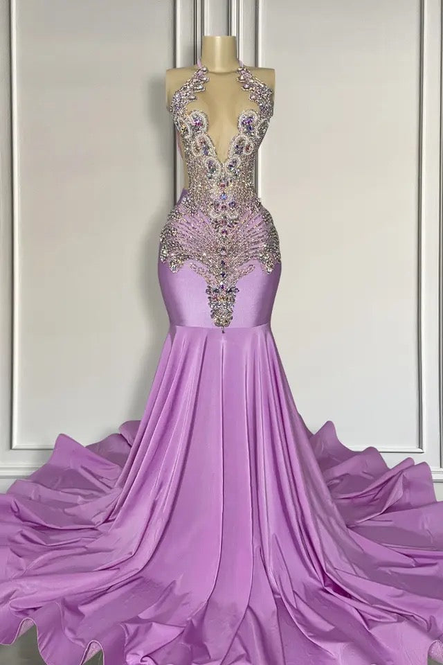 Long Lilac Sleeveless Halter Mermaid Prom Dress With Beadings-Ballbella