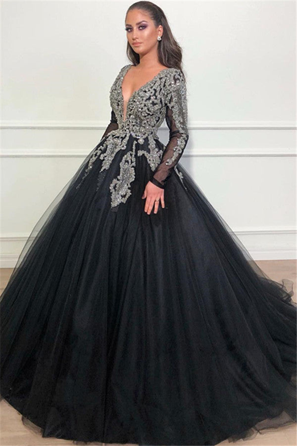 Long Sleeves Ball Gown Prom Dress Sequins Black V-Neck Long Tulle-Ballbella