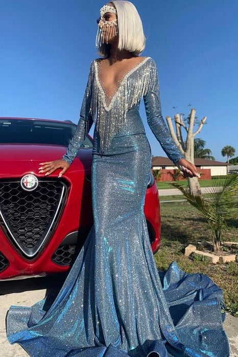 Long Sleeves Deep V-Neck Mermaid Prom Dress Sequins Royal Blue Red Long-Ballbella