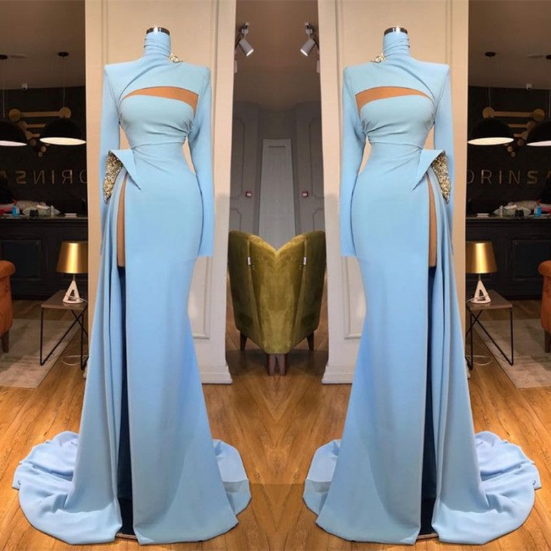 Long Sleeves High Neck Mermaid Prom Dress Long With Slit-Ballbella