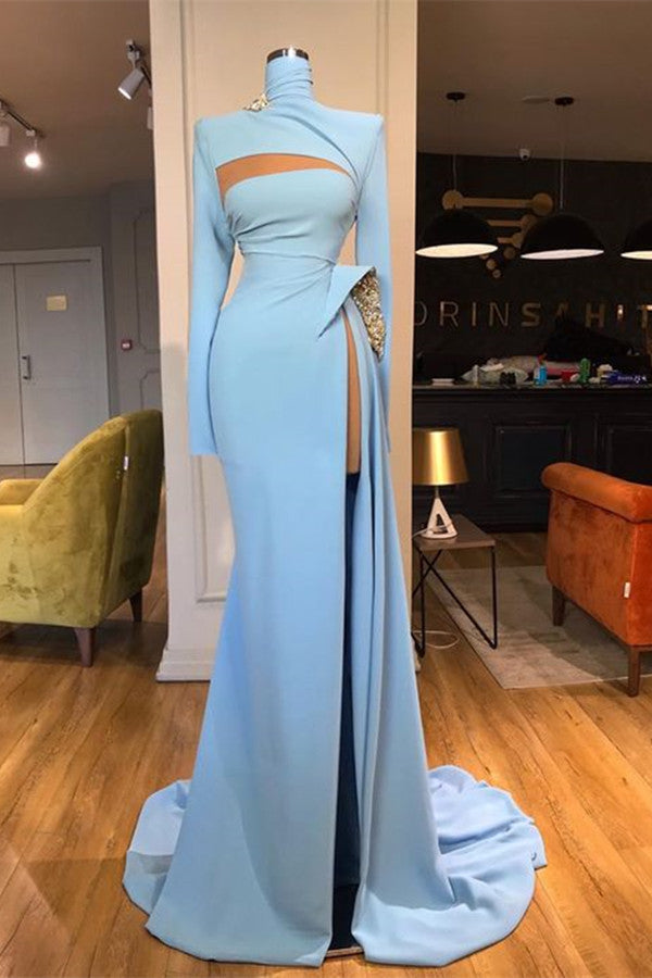 Long Sleeves High Neck Mermaid Prom Dress Long With Slit-Ballbella