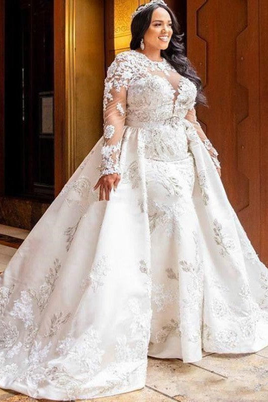 Long Sleeves Lace White Mermaid Bridal Gowns with Trendy Overskirt-Ballbella