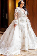 Long Sleeves Lace White Mermaid Bridal Gowns with Trendy Overskirt-Ballbella