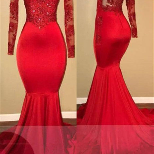 Long Sleeve Mermaid Prom Dresses Long Red Lace Gorgeous Formal Gowns SED016  – SELINADRESS