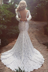 Long Sleeves Mermaid Lace Wedding Dress Modern Open Back V neck Classic Bridal Gown-Ballbella