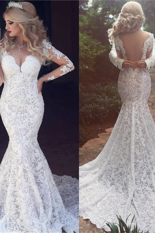 Long Sleeves Mermaid Lace Wedding Dress Modern Open Back V neck Classic Bridal Gown-Ballbella