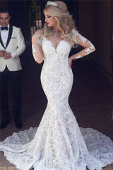 Long Sleeves Mermaid Lace Wedding Dress Modern Open Back V neck Classic Bridal Gown-Ballbella