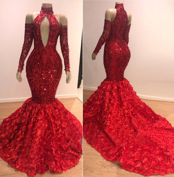 Long Sleeves Modest Halter Mermaid Prom Dress Sequins Long Red-Ballbella