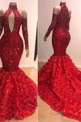 Long Sleeves Modest Halter Mermaid Prom Dress Sequins Long Red-Ballbella