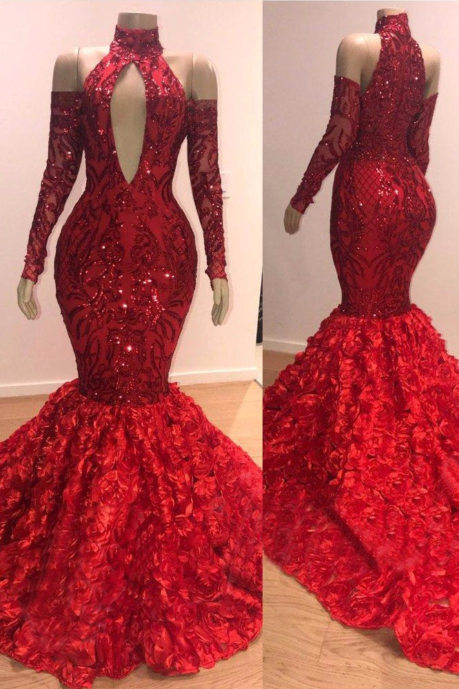 Long Sleeves Modest Halter Mermaid Prom Dress Sequins Long Red-Ballbella