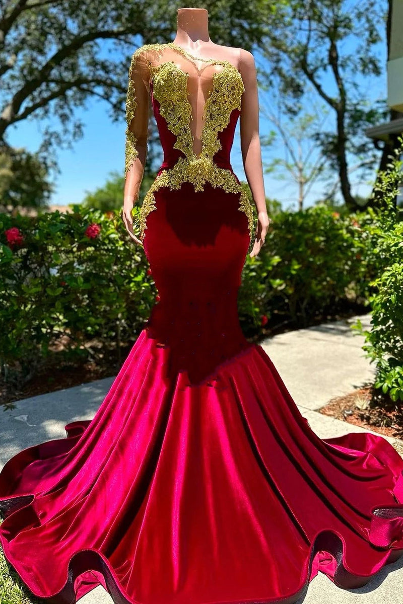 Long sleeves One shoulder Gold Appliques Burgundy Prom Dresses-Ballbella