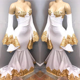 Ballbella custom made Long Sleeves Prom Party Gowns with gold appliques,  mermaid New Arrival evening dress with great discount. We provide worldwide shipping and will make the dress perfect for everyone.