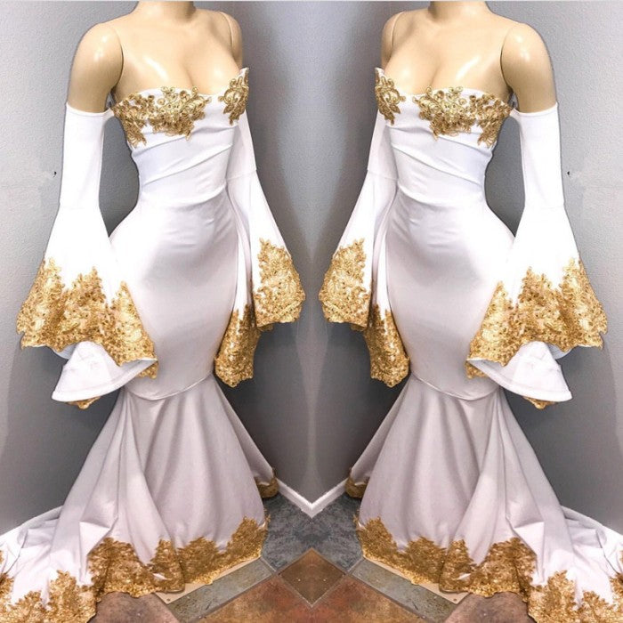 Ballbella custom made Long Sleeves Prom Party Gowns with gold appliques,  mermaid New Arrival evening dress with great discount. We provide worldwide shipping and will make the dress perfect for everyone.