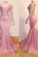 Long Sleeves Round Collar Mermaid Prom Dress Sequins Pink Long Chiffon-Ballbella