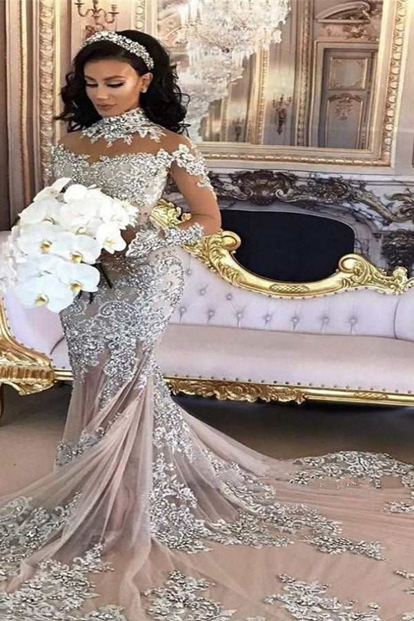 Long Sleeves Silver High Neck Popular Evening Dress Lace Mermaid Luxurious Wedding Dresses-Ballbella