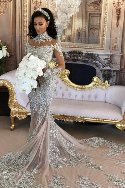 Long Sleeves Silver High Neck Popular Evening Dress Lace Mermaid Luxurious Wedding Dresses-Ballbella