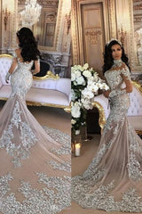 Long Sleeves Silver High Neck Popular Evening Dress Lace Mermaid Luxurious Wedding Dresses-Ballbella