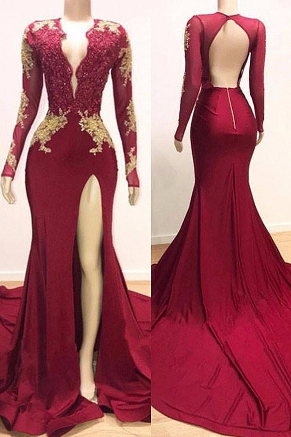 Long Sleeves V-neck Mermaid Prom Dress Red Sequins Long Chiffon-Ballbella