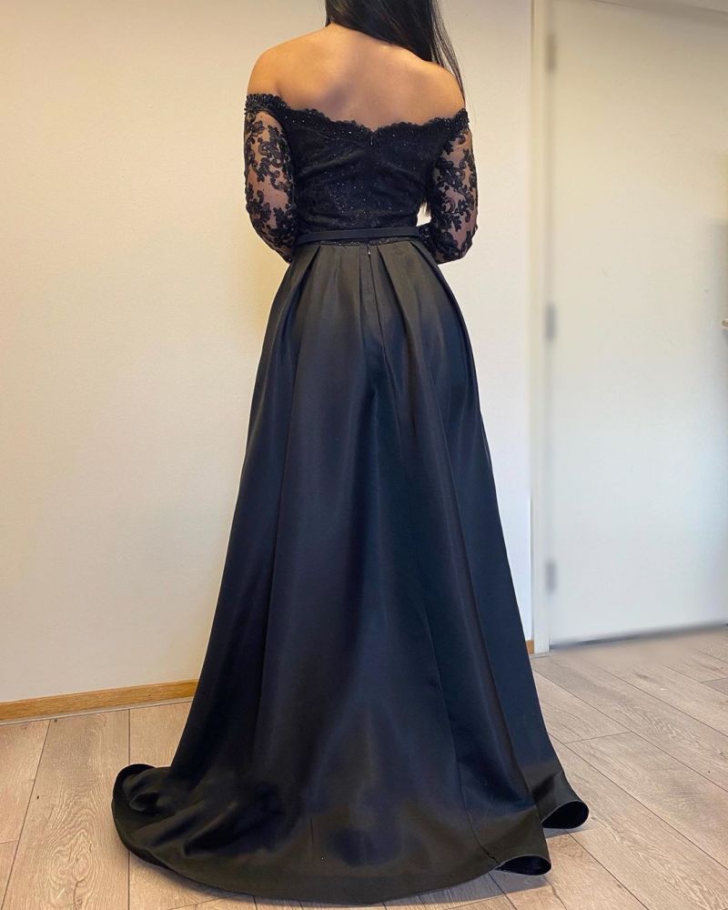 Long Sleevess Black A-line off-the-shoulder Evening Dresses-Ballbella