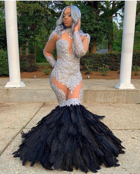 Long Sleevess Lace Appliques Illusion Fur Train Mermaid Silver Prom Dresses-Ballbella