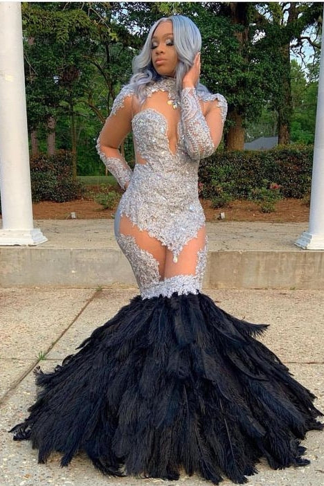 Long Sleevess Lace Appliques Illusion Fur Train Mermaid Silver Prom Dresses-Ballbella