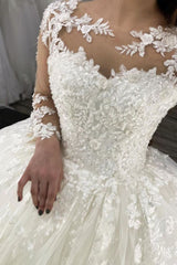 Long Sleevess Lace Appliques Tulle Wedding Gown White Garden Aline Spring Bridal Gown-Ballbella