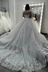 Long Sleevess Lace Appliques Tulle Wedding Gown White Garden Aline Spring Bridal Gown-Ballbella