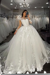 Long Sleevess Lace Appliques Tulle Wedding Gown White Garden Aline Spring Bridal Gown-Ballbella