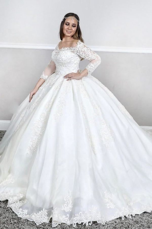 Long Sleevess Lace Square neck puffy Ball gown Court train White Wedding  Dresses – Ballbella