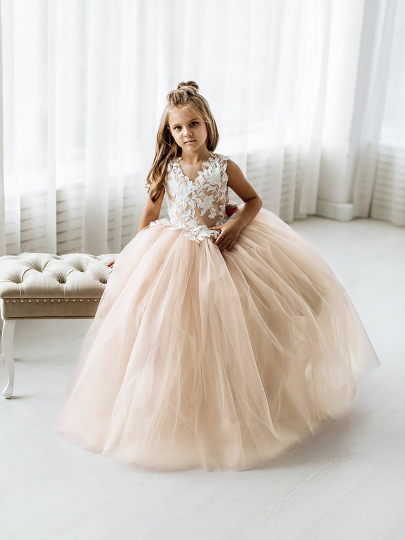 Lovely Puffy Sleeveless Flower Girl Dresses Lace Appliqued-Ballbella