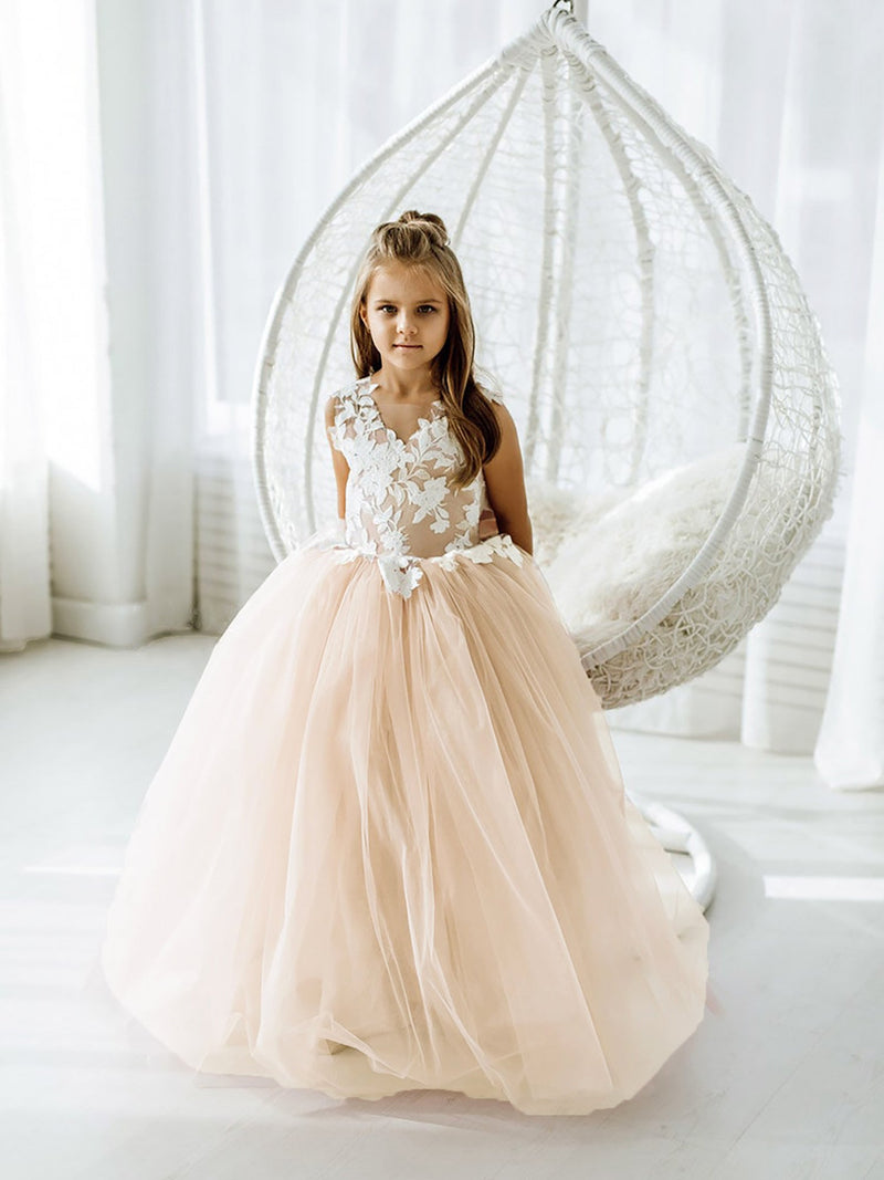 Lovely Puffy Sleeveless Flower Girl Dresses Lace Appliqued-Ballbella