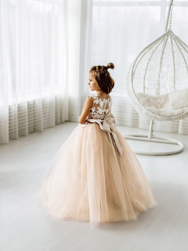 Lovely Puffy Sleeveless Flower Girl Dresses Lace Appliqued-Ballbella