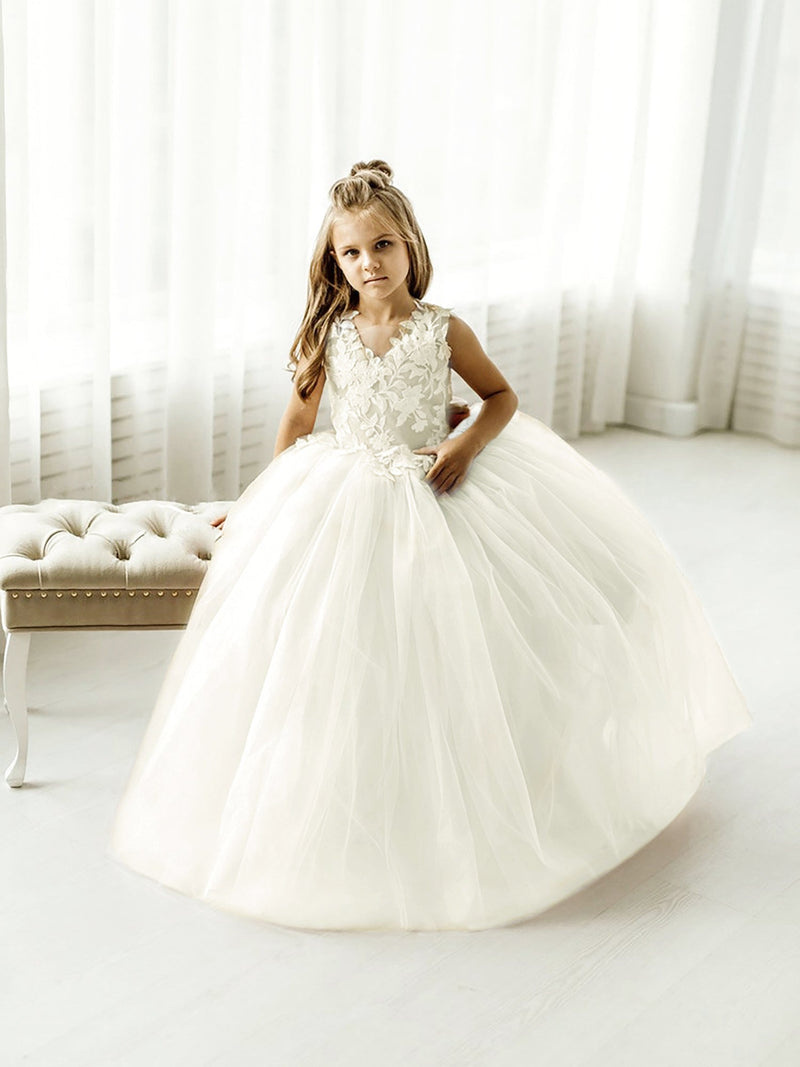 Lovely Puffy Sleeveless Flower Girl Dresses Lace Appliqued-Ballbella