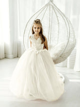 Lovely Puffy Sleeveless Flower Girl Dresses Lace Appliqued-Ballbella