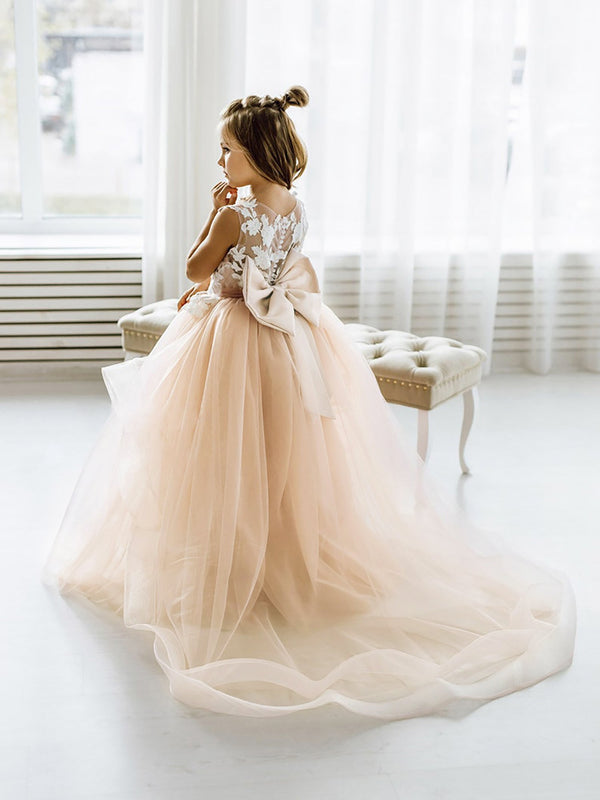 Lovely Puffy Sleeveless Flower Girl Dresses Lace Appliqued-Ballbella