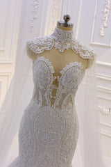 Luxurious 3D Lace Applique High Neck Tulle Mermaid Wedding Dress-Ballbella