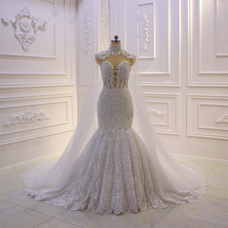 Luxurious 3D Lace Applique High Neck Tulle Mermaid Wedding Dress-Ballbella