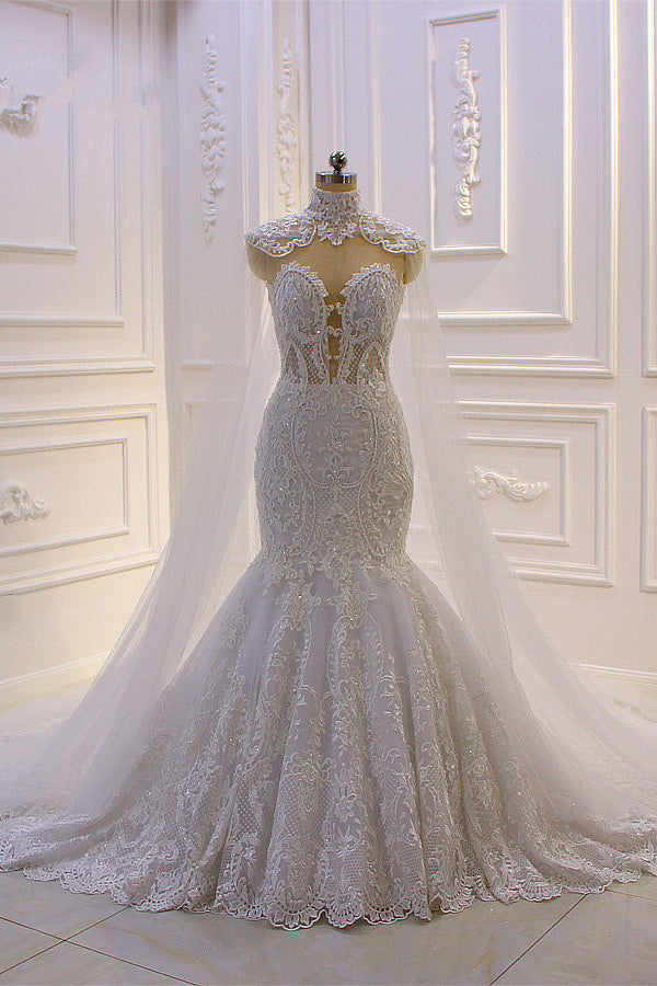 Luxurious 3D Lace Applique High Neck Tulle Mermaid Wedding Dress-Ballbella