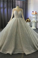 Luxurious Ball Gown Long Sleeves Crystal Beading Wedding Dress A line Classic-Ballbella