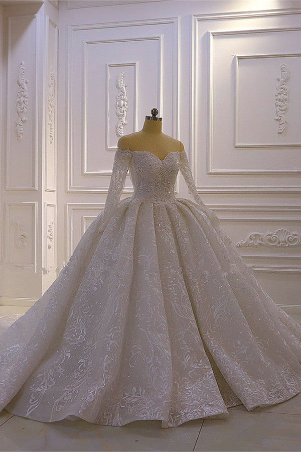 Finding a dress in Tulle, Ball Gown style, and delicate Lace,Beading,Appliques,Ruffless work? Ballbella custom made you this Luxurious Ball Gown Long Sleevess 3D Lace Sweetheart Long Wedding Dresses at factory price.