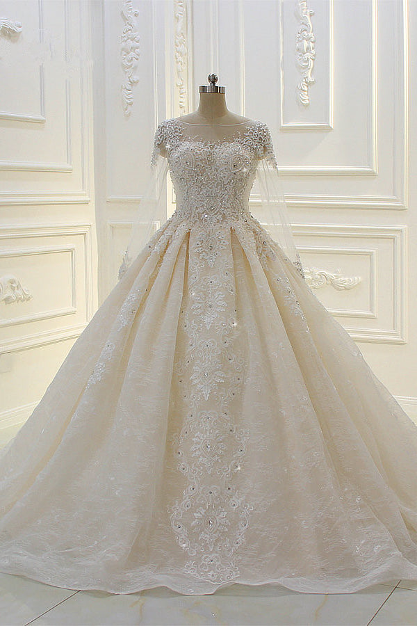 Luxurious Ball Gown Long Sleevess Lace Applqiues Beadings Wedding Dress ...