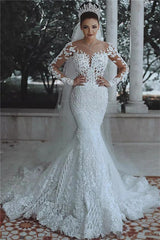 Luxurious Beaded Lace Mermaid Wedding Dresses with Sleeves Sheer Tulle Appliques Bridal Gowns-Ballbella