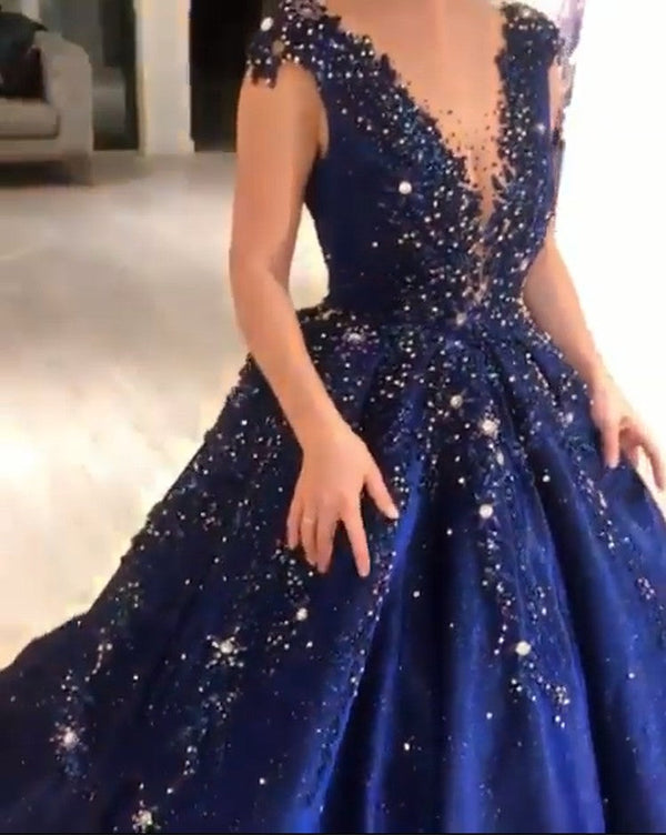 Luxurious Dark Navy Deep V-neck Cap sleeves Ball Gown Sparkle Beaded Prom Dresses-Ballbella